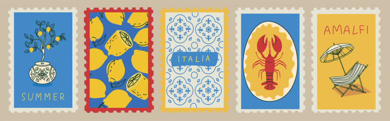 Summer Italy. Amalfi. Hand drawn postage stamp designs with lemons, blue tiles, seafood and beach lounge for vacation themed graphics and prints. Vector