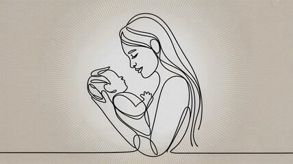 Young woman holding a baby continuous line drawing