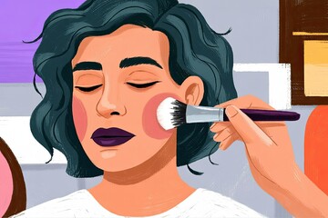 A serene woman with closed eyes has blush applied, embodying beauty rituals, self-care, and professional makeup application for a confident, radiant look.