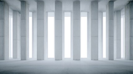 Minimalist interior with concrete columns and soft light, embodying serene geometric harmony