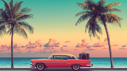 Travel, luxury car with luggage for relaxing on a tropical beach. sunset trip on palm beach, travel and summer holiday celebration. retro or vintage Postcard about freedom and outdoor recrea