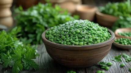 Fresh green peas in a bowl, seasoned with salt