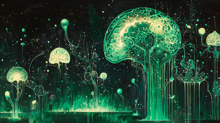 Vibrant green jellyfish with glowing membranes drifting in a dark fantasy ocean setting. A bioluminescent underwater digital illustration with a sci-fi or surreal mood.
