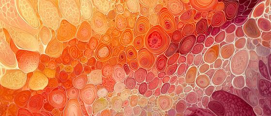 Abstract orange and red tissue cell layers with hexagonal patterning and depth gradients. A conceptual medical biology image suitable for healthcare, biotech, or educational uses.
