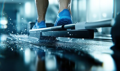 Naklejka premium Bieganie na bieżni, krople potu, intensywny trening