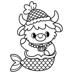 cute kawaii Highland Cow outline cartoon doodle illustration