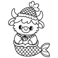 cute kawaii Highland Cow outline cartoon doodle illustration