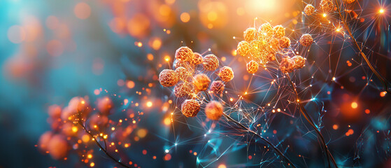 Molecular nodes and abstract biological links glowing in warm orange tones, creating a sci-fi network visualization. Perfect for biotech, nanotechnology, or advanced data science themes.
