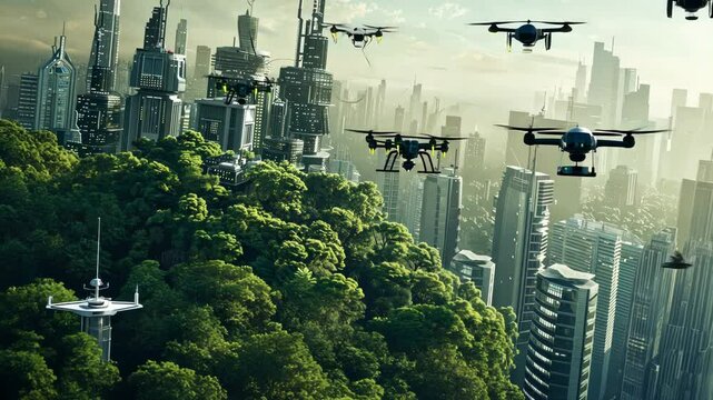 In this futuristic city, drones are planting trees, highlighting the role of advanced technology in reforestation and carbon reduction for a sustainable environment. Carbon reduction