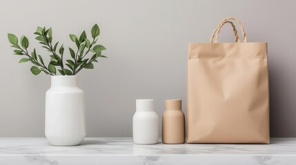 Sustainable minimalist packaging set on a marble table