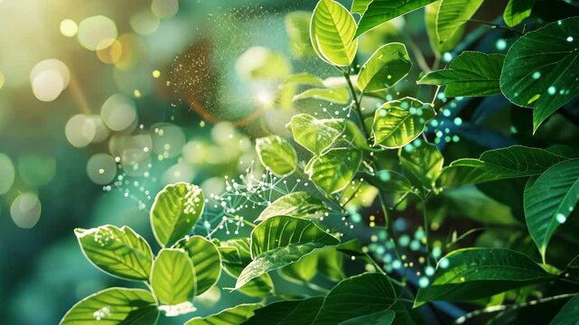 Artistic depiction of carbon molecules becoming green leaves, demonstrating the transformation of CO2 into oxygen through photosynthesis, showcasing nature's ingenuity. Carbon reduction
