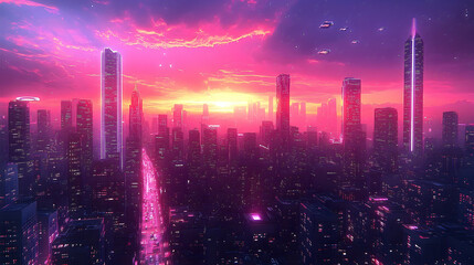 Obraz premium Futuristic cityscape at sunset featuring tall, glowing skyscrapers under a vibrant pink and orange colored sky