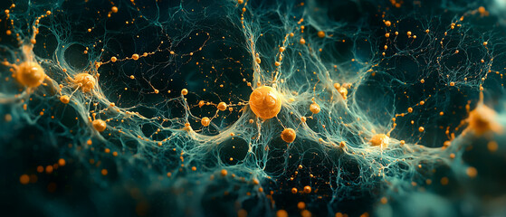 High-detail abstract illustration of a neural network with glowing orange nodes and blue filaments. A fusion of digital science, connectivity, and futuristic medical concept art.
