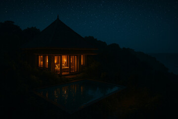 Cinematic Drone Shot of Secluded Balinese Villa at Night with Starry Sky and Infinity Pool Reflections

