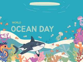 World Oceans Day with underwater world with shark,seaweeds,jellyfish,seahorse,clown fish. banner.Colorful nautical vector illustration with sea creatures poster,marine background