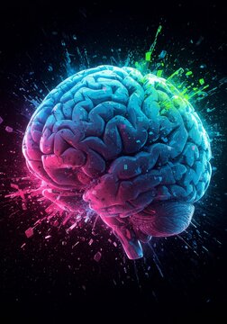 Brainpower Explosion - A vibrant of a human brain exploding with colorful energy, symbolizing creativity, intelligence, and innovation
