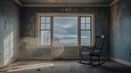 Rustic room with empty windows and peeling paint