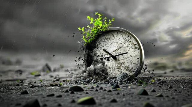 A minimalist clock with one hand turning back, illustrating the transition from a carbon-heavy atmosphere to a sustainable, green world. Carbon reduction