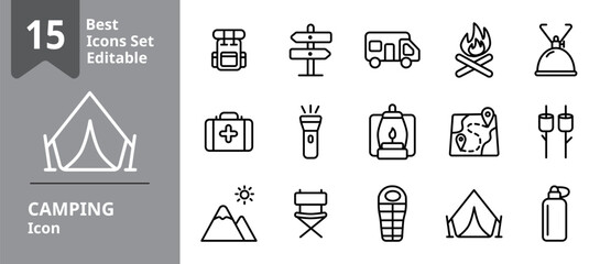 Set of Camping icons. Icons Contains backpack, camp signage, campfire, tent, water bottle, etc . Design elements for you projects. Editable stroke vector illustration