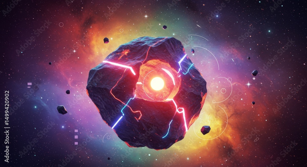 Wall mural celestial fracture: glowing core - a vibrant cosmic scene featuring a fractured asteroid with a glow