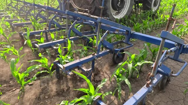 The tractor with interrow cultivator in corn field for mechanical weed control between the plant rows, slow motion. Spring day landscape, rural scene. Low angle view - close up