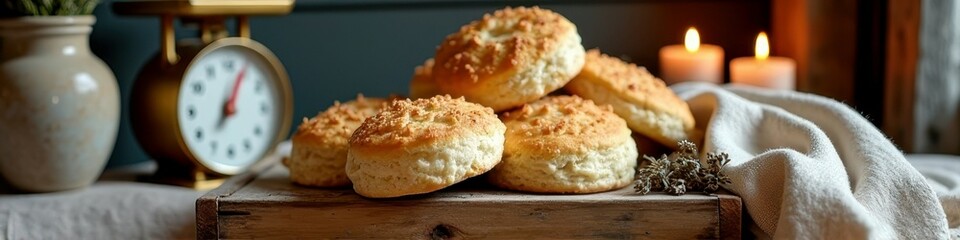 Rustic homemade biscuits on wooden board with candles and clock in cozy kitchen setting