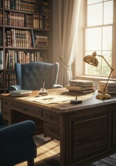 Cozy Study Room with Books and Desk - A tranquil study space filled with books, sunlight streaming through a window, a vintage desk, and comfortable armchairs. Symbolizing knowledge, peace