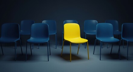 Unique yellow chair among blue chairs in dark setting