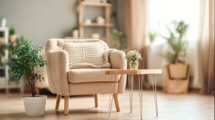 Modern living room corner with plush armchair and wooden side table, elegant home decor with a cozy ambiance.