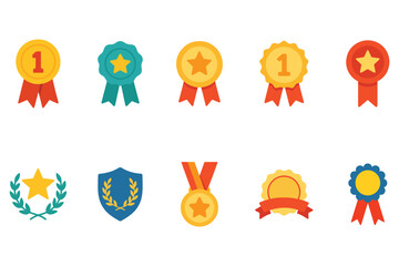 Colorful achievement icons: medals, ribbons, and awards set