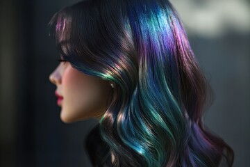 Colorful, wavy hair with iridescent highlights