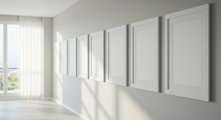 Fototapeta premium Minimalist art gallery with sunlit frames on modern white wall in bright room