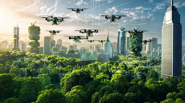 Advanced reforestation technology depicted by drones planting trees in a futuristic city, emphasizing carbon reduction and a greener future. Carbon reduction