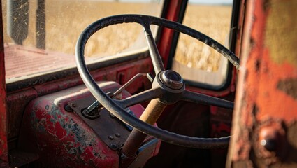 Rustic red tractor cabin with weathered steering wheel on wheat field