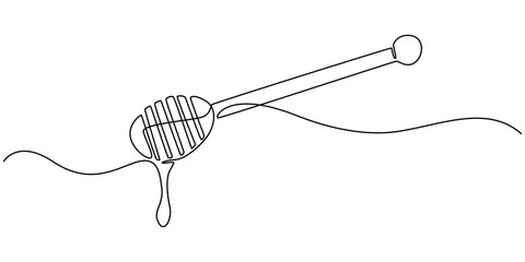 Vector continuous one single line drawing of honey on dipper in silhouette on a white background. Linear stylized, Honey dripping from honey dipper, continuous line drawing, tattoo, print for clothes.
