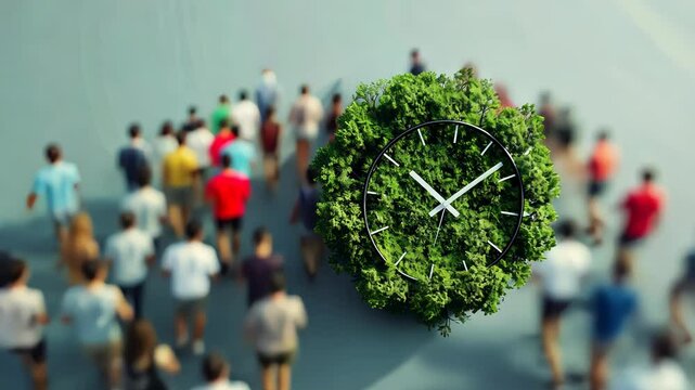Clock with a single hand moving from a carbon-heavy atmosphere to a green, sustainable world, representing time's role in environmental change. Carbon reduction