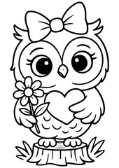 Fototapeta premium Black and white vector of an owl standing on a stump with a heart, bow on head, and flower. Ideal for engraving, print, and logos