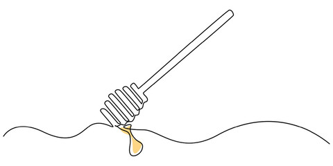 Vector continuous one single line drawing of honey on dipper in silhouette on a white background. Linear stylized, Honey dripping from honey dipper, continuous line drawing, tattoo, print for clothes.
