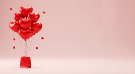 Obraz premium Romantic heart-shaped red balloons rise from a red gift bag against a soft pink background. Perfect for Valentine's Day, love-themed designs, romantic events, and celebration content. 