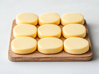 Freshly made butter rounds on a wooden board, perfect for cooking and baking.