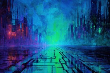 Futurystyczne miasto nocą, abstrakcyjny pejzaż miejski