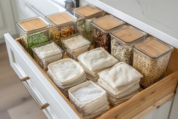 A kitchen drawer neatly organized with glass jars of dried foods and folded reusable cloths.