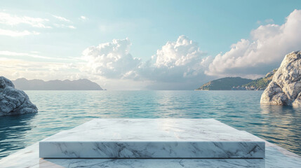 Plakat White marble podium with sea view on background. High quality photo