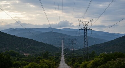 Mountain Ridge Power Line Scenic View - A scenic view of power lines stretching across a mountain range under a cloudy sky, symbolizing progress, connection, energy, nature, and infrastructure