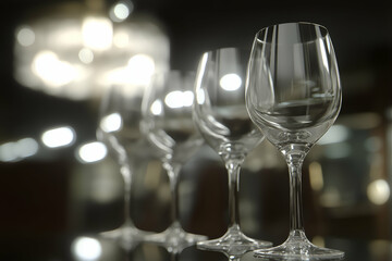 Elegant Wine Glasses Arranged in a Row with Soft Lighting, Food and Drink Bokeh Concept