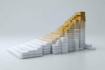 Abstract 3D staircase made of white and gold blocks, symbolizing growth, progress, and success on a minimal background.