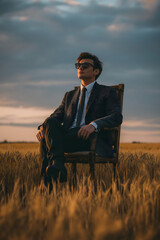 A confident businessman in suit sitting on a chair in wheat field