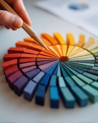 A vibrant color wheel made of wooden blocks is being arranged by a hand, showcasing a full spectrum of hues in a circular pattern.