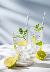 Two glasses mojito cocktail with lime, mint, ice and tube on a white blue background with shadows.