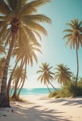 Sun-drenched palm trees, soft sand, turquoise ocean  Vintage film grain ,  exotic,  sandy beach